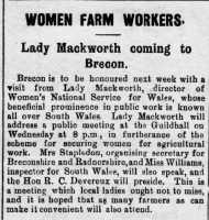 Advertisement for a meeting in Brecon to be addressed by Lady Mackworth. Brecon County Times 12th April 1917