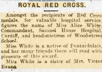 Report of Alice White’s award of the Royal Red Cross. Cambria Daily Leader 7th April 1919.